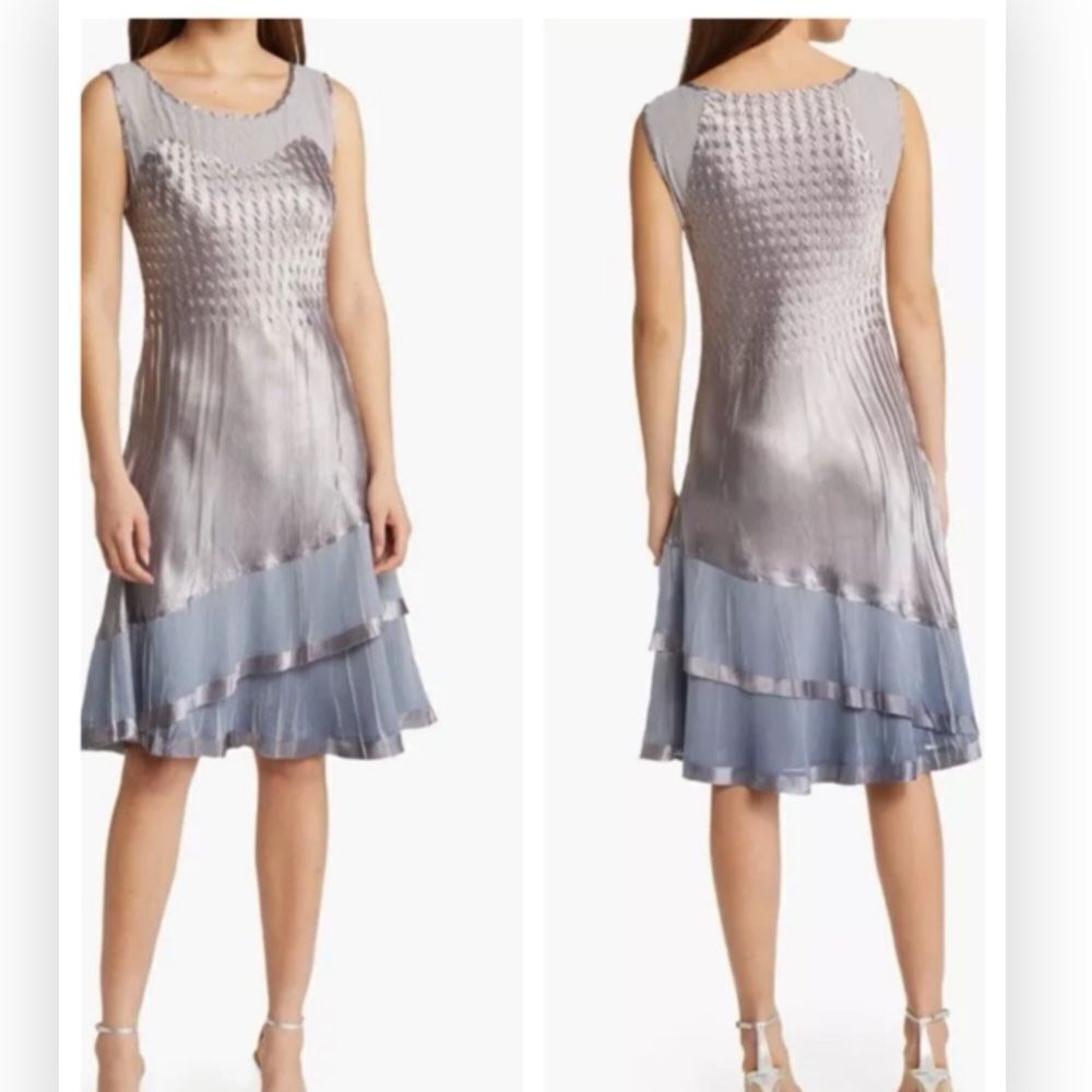 Komarov Tiered Silver Night Ombré Sleeveless Chiffon Charmeuse Dress $460